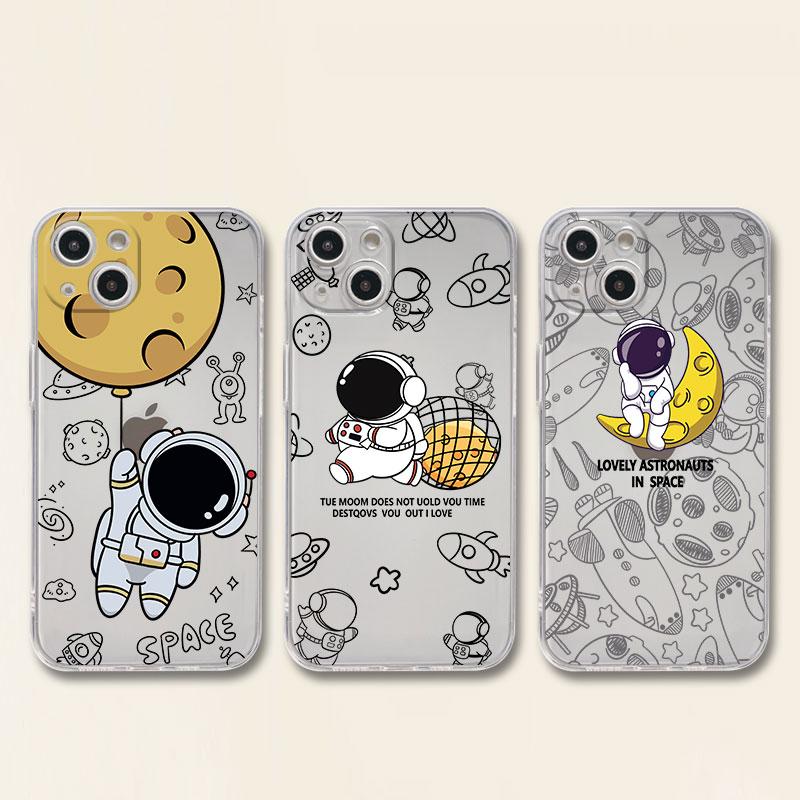 Urocze etui z kreskówkowym astronautą na iPhone 14 11 12 Pro 13 Pro Max XR XS X 6s 7 8 Plus SE 2020 13 Mini Luksusowe Przezroczyste Etui Odporne na Wstrząsy