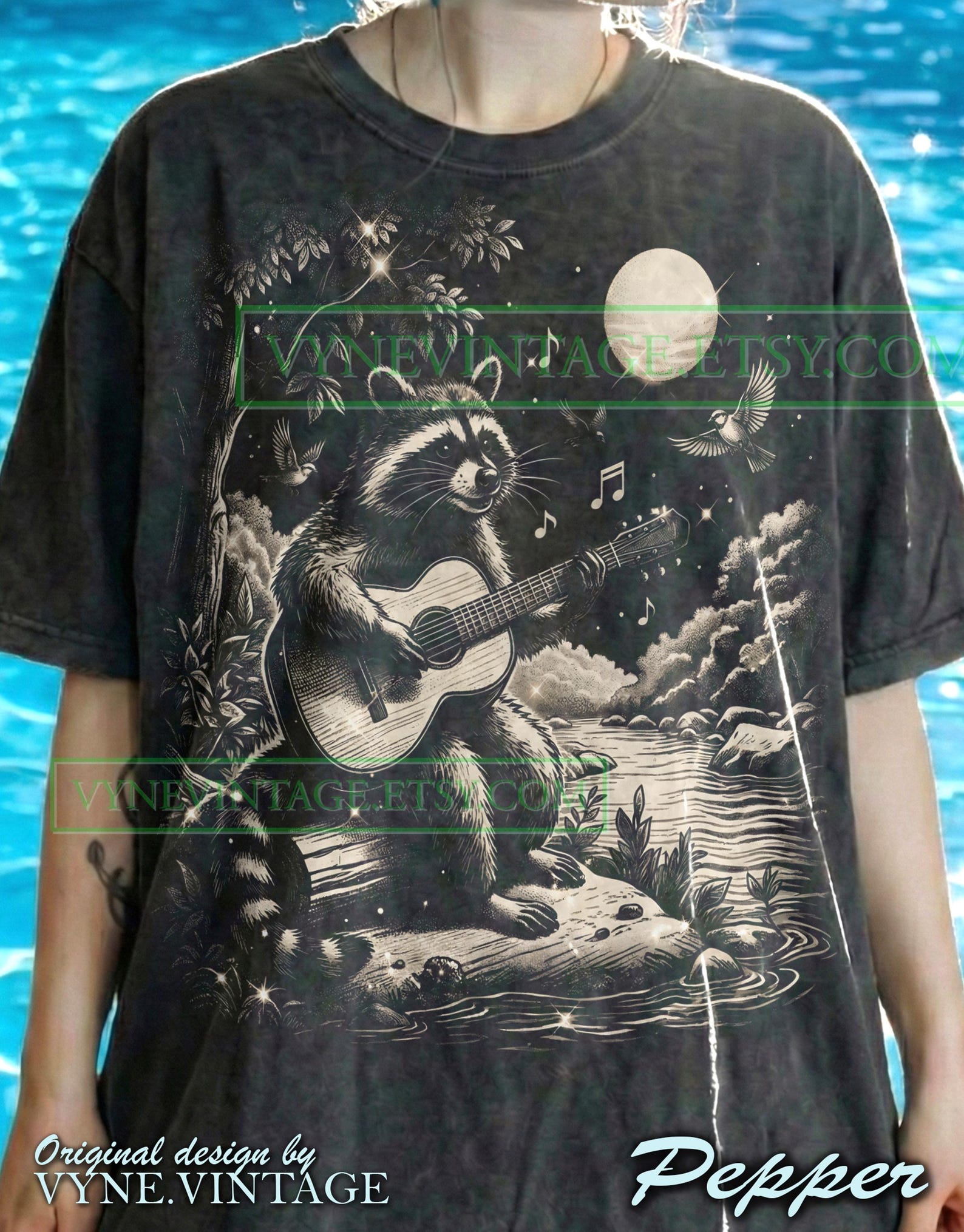 Raccoon Playing Guitar Comfort Colors® Tshirt, Wildlife Nature Tees, Retro Vintage Sweater, Musician Animal Tanktop, Moon River Art 2XL