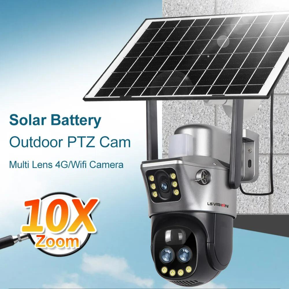 LS VISION Dual Screen WIFI Or 4G SIM Solar Camera 10X Zoom Outdoor Cameras With Light Alarm Auto Tracking PTZ CCTV Cameras IP66