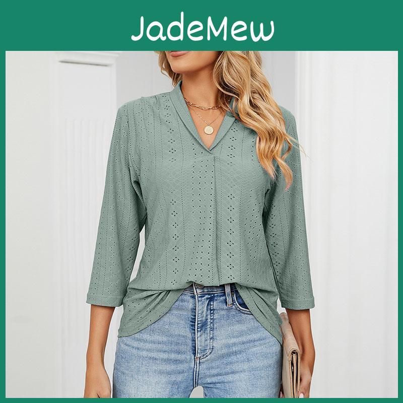 Vneck Tshirt Summer Womens Ruffle Casual Loose Sevenpoint Sleeve Lapel Tshirt Tops