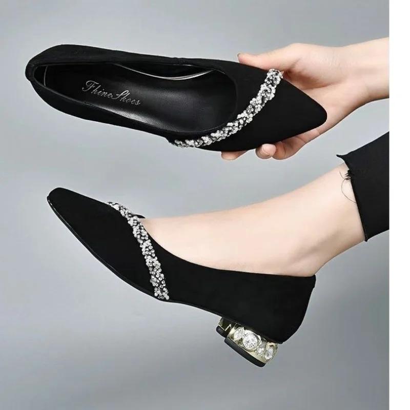 Fashion Shoes for Women Career Black Pointed Toe with Medium Heels Rhinestone Crystals Work Diamond Woman Footwear Beau Today Shoe L Y2k