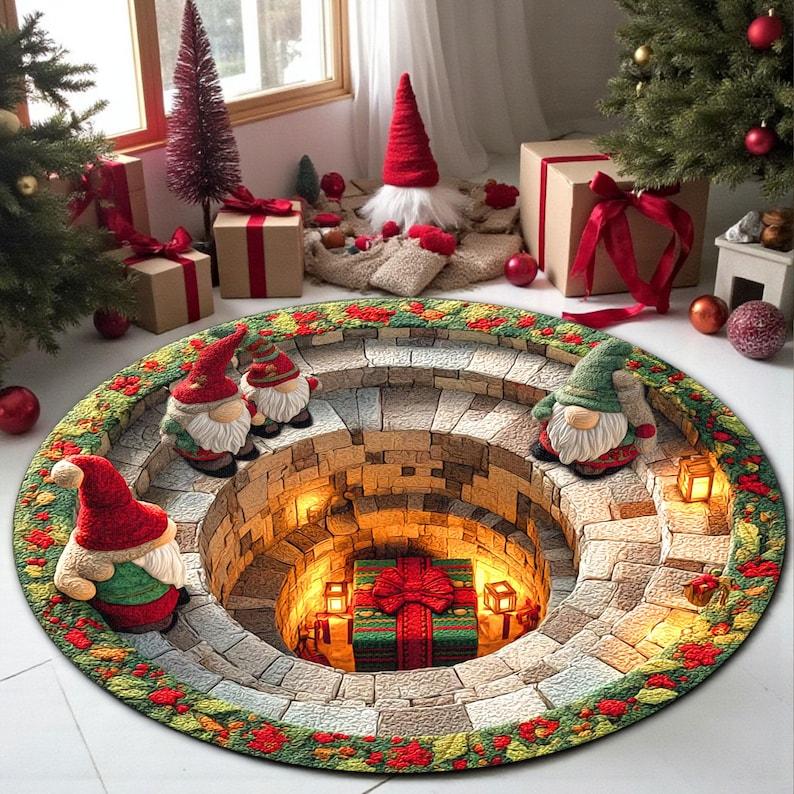 Christmas Santa Workshop 3D Printed Rug Cozy Holiday Illusion Carpet Santa and Elves Floor Mat Christmas Living Room Decor