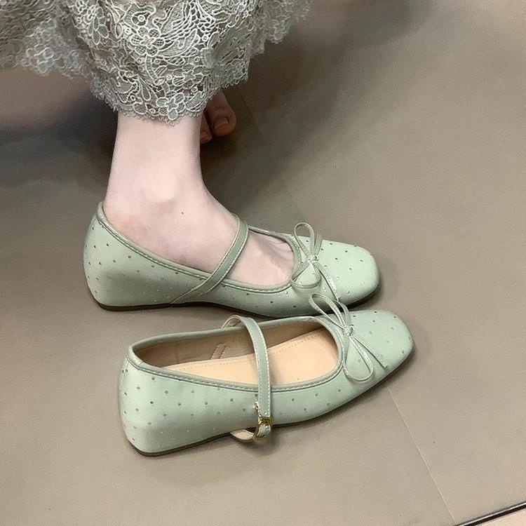 Gentle square head shallow mouth Mary Jane single shoes women's 2025 new polka dot bow inner height increase versatile commuter ladyshoes