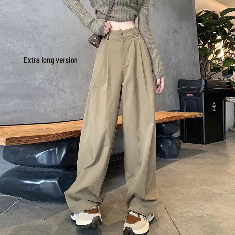 Khaki Retro High-Waist Wide-Leg Women's Work Pants, Extra Long Version for Tall, Spring/Autumn 2025.
