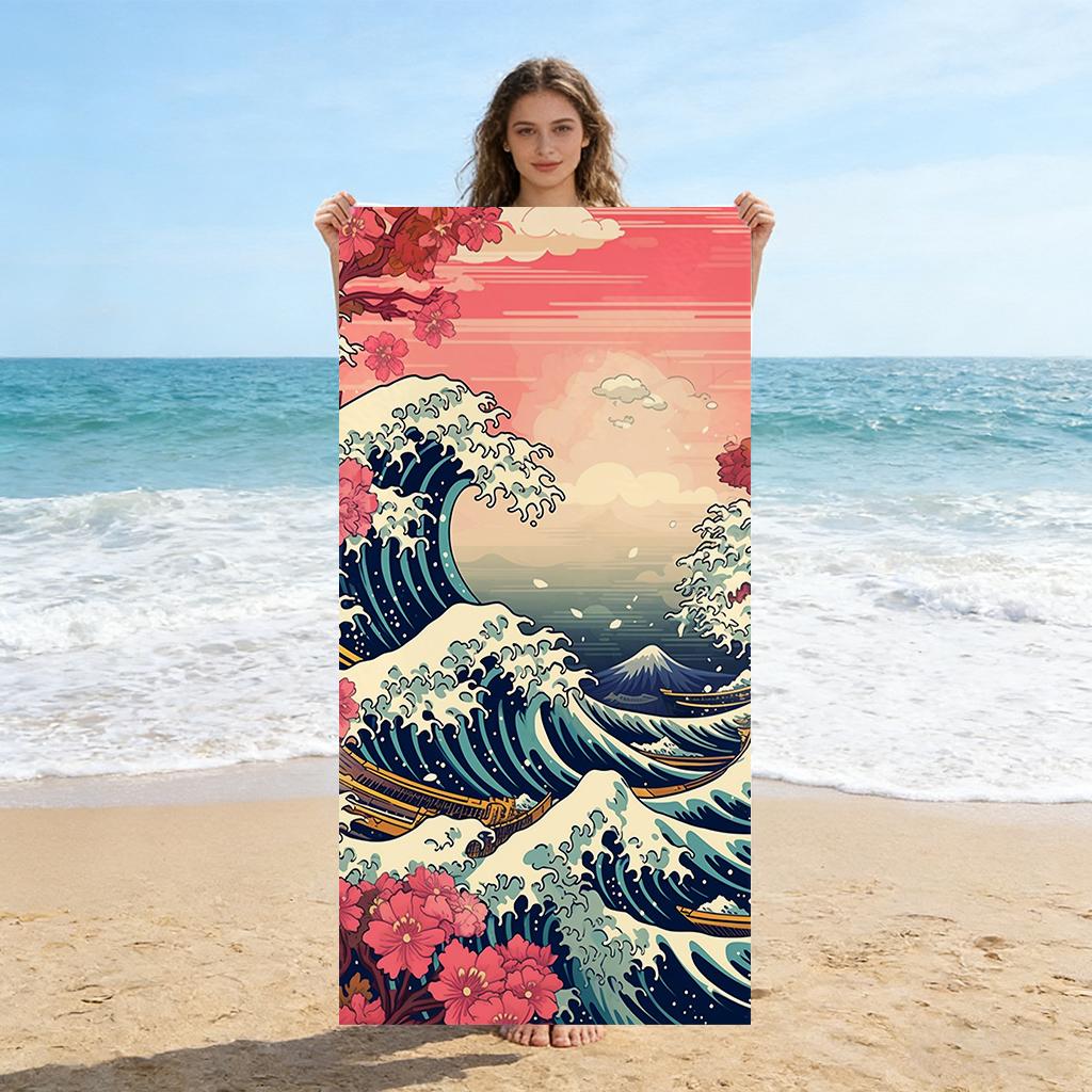 Japanese Ukiyo-E Style Beach Towel Wave Floral Design Large Towel Super Absorbent Suitable For Beach Pool Summer Gift For Friend