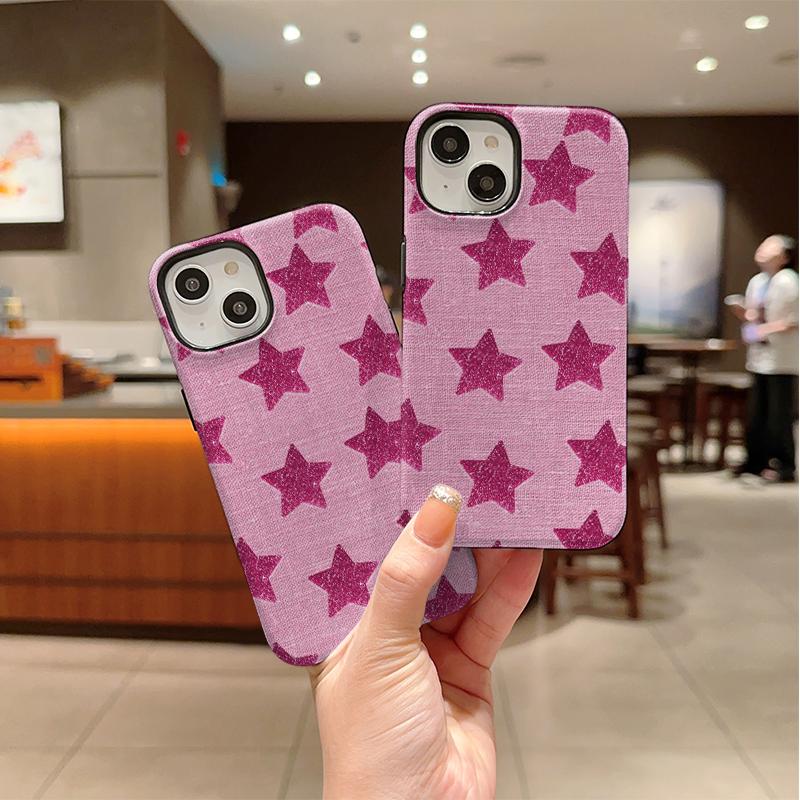 Pink Linen Glitter Star Print Soft Silicone Phone Case Y2K Coquette Cute Girly Aesthetic Shockproof Cover For All Iphone Series