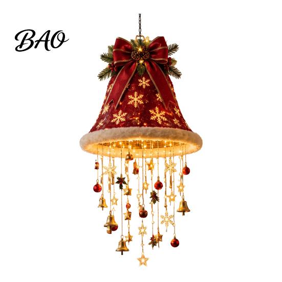 Staggered Light Pendant Lighted Christmas Ceiling Hanging Decor, Pre-Lit Tree Bell with Holiday Party Supplies Warm LED, Porch Doorway Ornament,