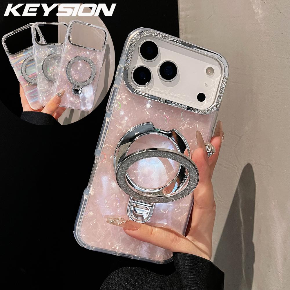 KEYSION Magnetische Muscheltextur Juwelenbesetzte Handyhülle für iPhone 14 15 17 Pro Max Air 16Plus Stoßfestes Panzer-Ringständer-Backcover