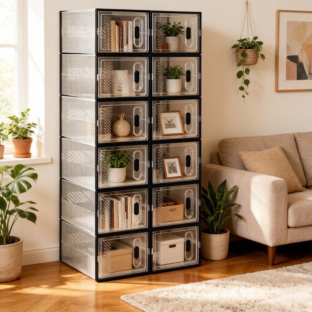 Stackable Shoe Storage Box,Storage Box,Modular Shoe Rack,Bookshelf,Toy Organizer,Wardrobe,Bathroom Cabinet(only with 12Pcs Storage Box)