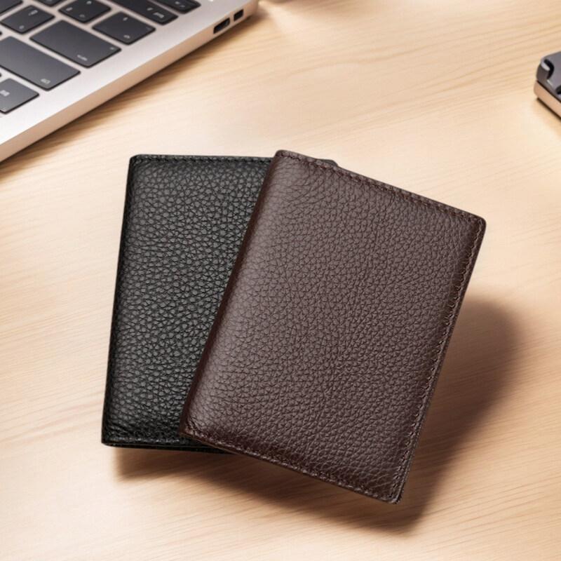 Transparent ID Window Credit Card Holder Durable Soft Multi Card Slots Top-grain Leather Bifold Thin Small Wallet Black Coffee