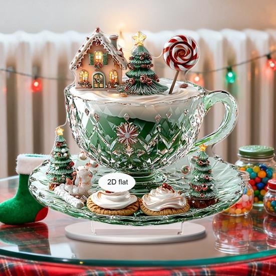 Office Desk Xmas Ornament Cartoon Christmas Coffee Cup House Ornaments, 2D Acrylic Tree Tabletop Unique Holiday Keepsake Decor, Mini Home Decor