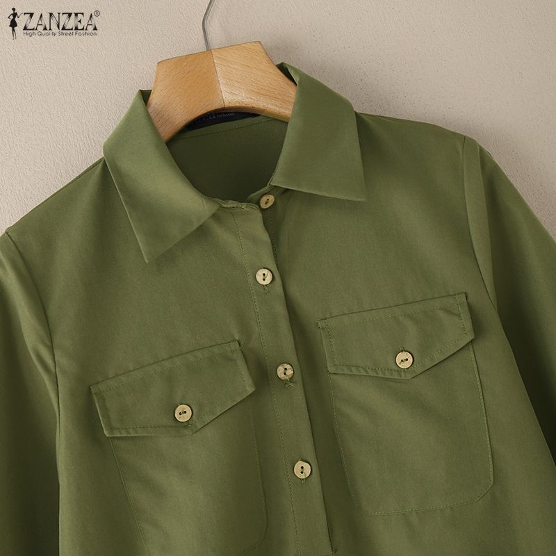 ZANZEA Women Casual Turn Down Collar 3/4 Sleeve Loose Blouse