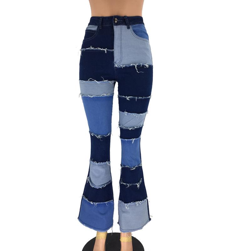 2025 Autumn Color Block Patchwork High Waist Flared Women's Denim Pants
