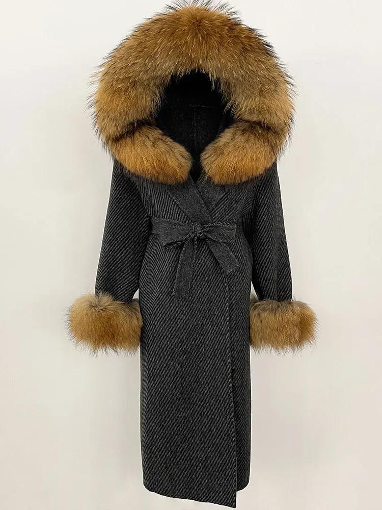 OFTBUY Winter Women Coat Real Natural Fox Fur Hooded Detachable Collar Double-faced Woolen Jacket Long Casual Elegant Overwears