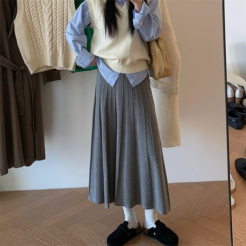 

Осенне-зимняя женская серая плиссированная вязаная юбка миди с высокой посадкой, облегающая, А-силуэта, юбка-зонт для фигуры типа «груша» с прикрытием бедер S