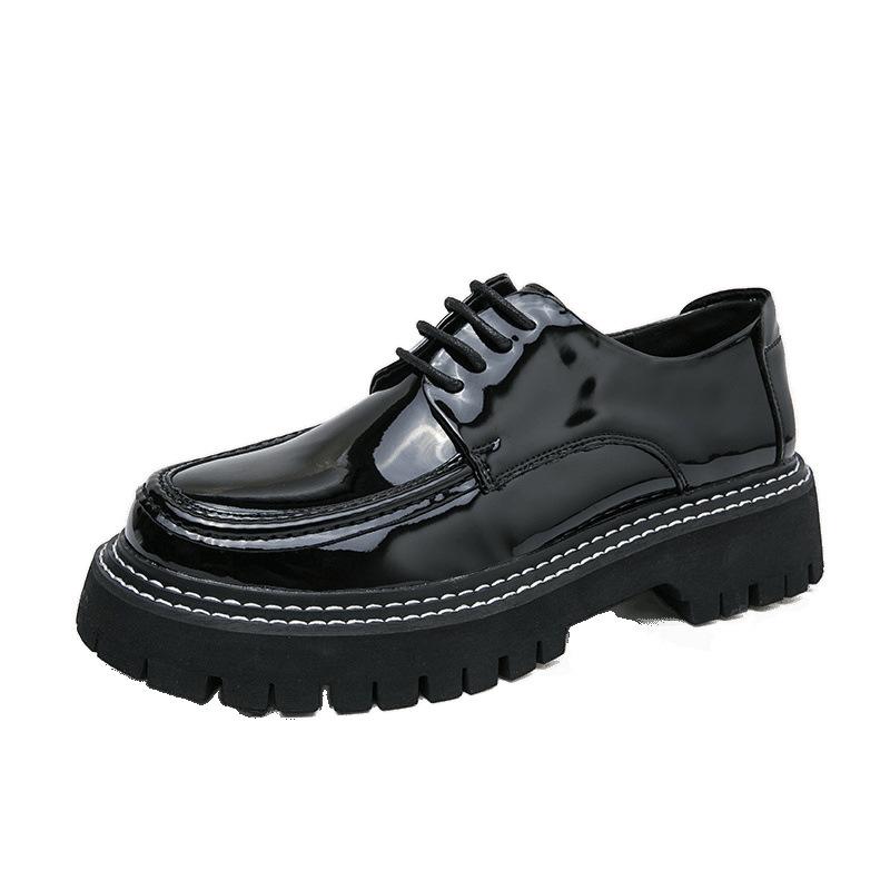 Men's Casual Leather Shoes Men's Round Head British Patent Leather Men's Shoes Business Black Platform Tooling Youth Casual Daily Wear