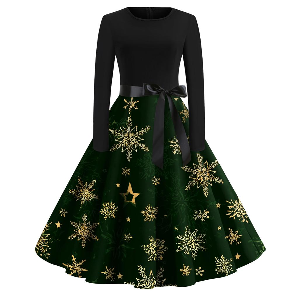 Women's Fashion Casual Round Neck Christmas Print Long Sleeve Dress
