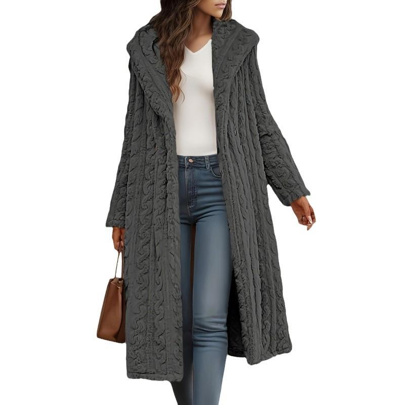 Cross-border Supply 2025 Autumn and Winter Fashion Long Net Color Long-sleeved Hooded Woolen Women's Coat