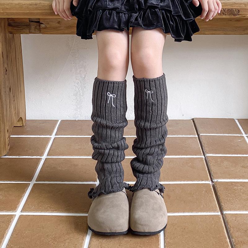 Girls Socks Spring And Autumn Embroidery Bow Calf Socks Solid Color Retro Knitted Wool Warm Pile