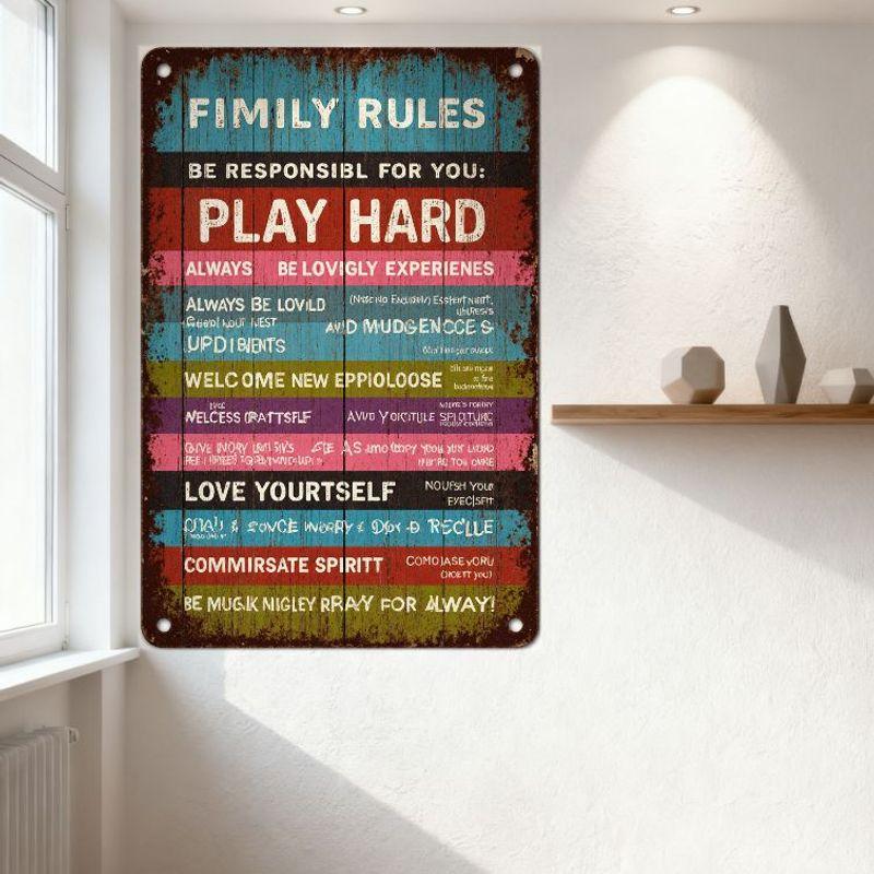 Vintage Distressed Family Rules Metal Sign with Wooden Plank Background - Retro Rustic Wall Decor for Home Cafe Bar, Mixed Color