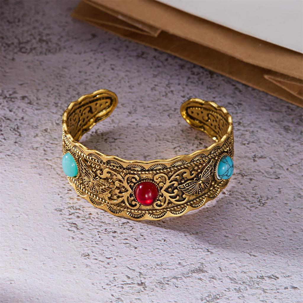 Vintage Antique Silver Color Natural Stone Wide Bangles Bracelets For Women Chinese Style Retro Gold Color Cuff Bracelet Jewelry