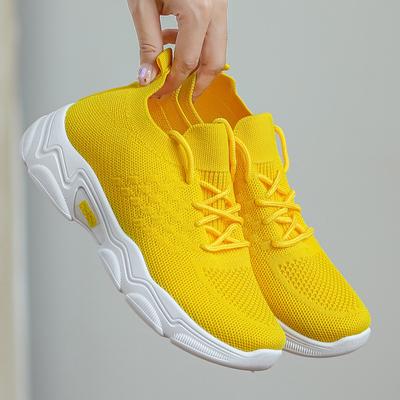 Frühling Sommer Gelbe Freizeitschuhe Atmungsaktives Netz Plateau Tennisschuhe Damen Flyknit Schuhe Leichte Laufschuhe Damen flache Schuhe