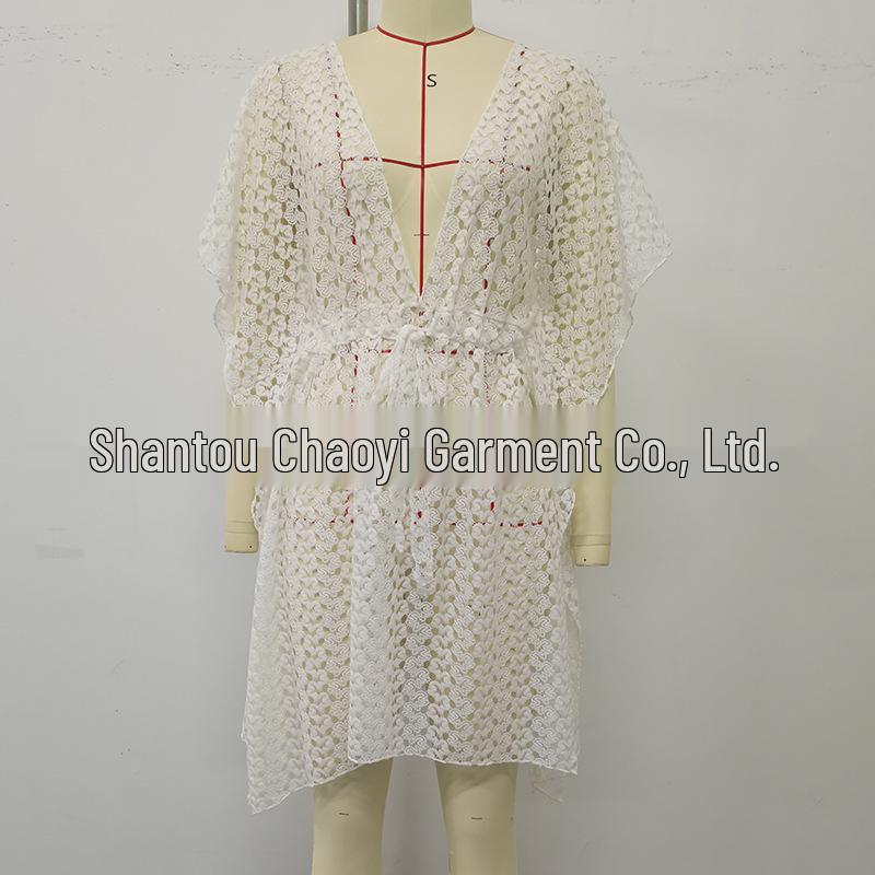 European & American Women's Sexy Hollow Deep V-Neck Knit Waist-Cinching Beach Cover-Up Dress