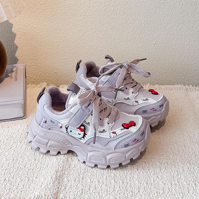 Girls' Cotton Dad Shoes with KT Cat Design, Two-Layer Velvet, Fashionable and Sporty for Autumn/Winter 2025