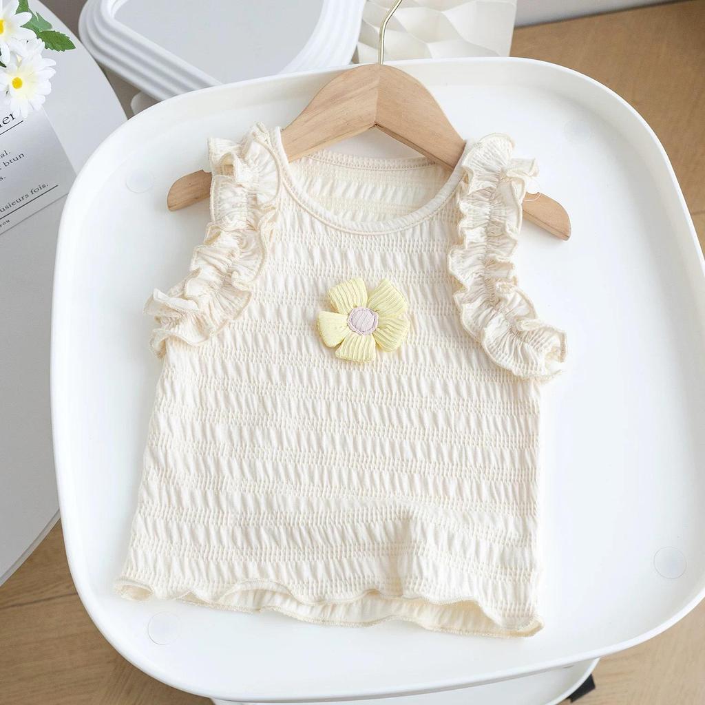 Sweet Summer Two-Piece: 3D Flower Sleeveless Tank & Flared Pants for Baby Girls