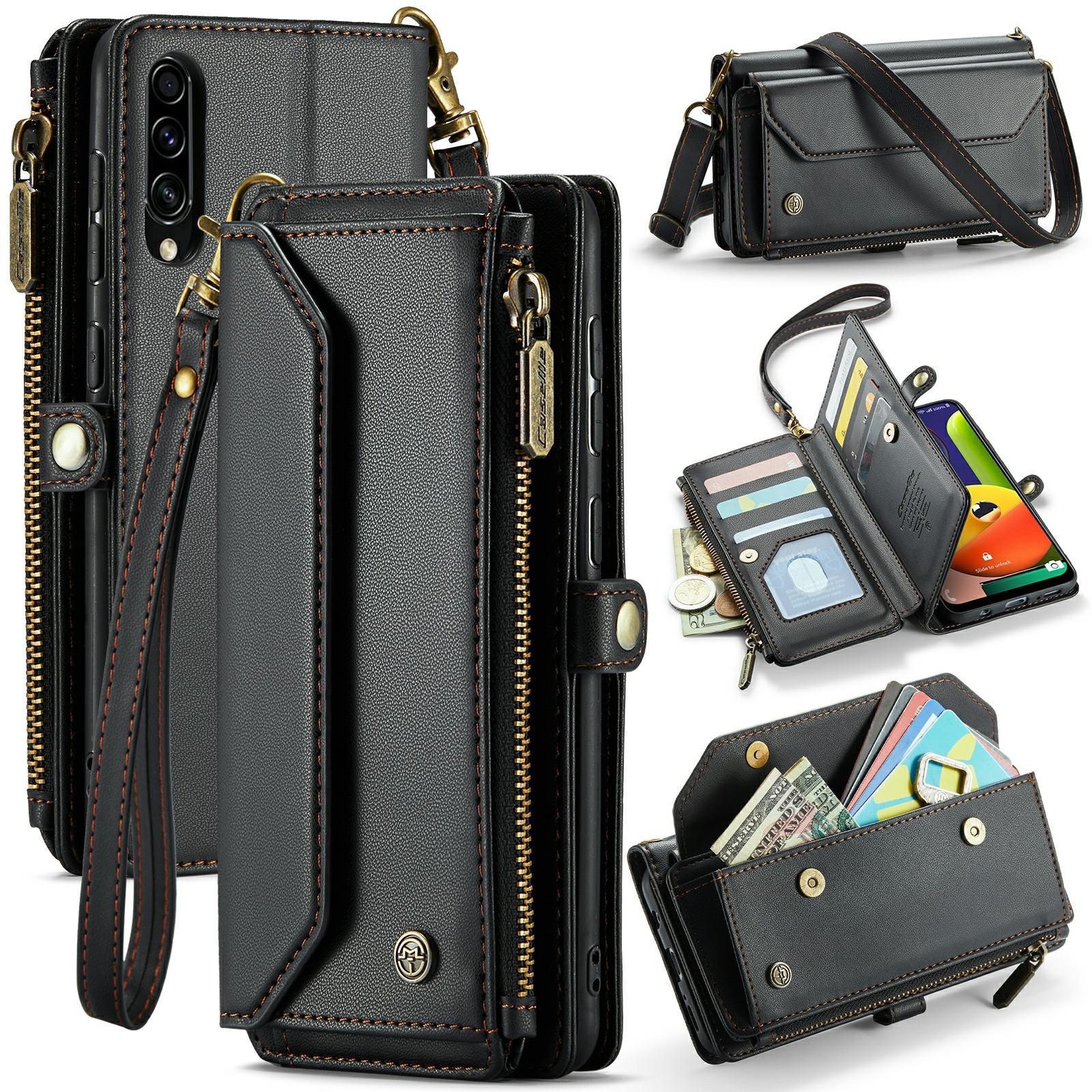 

For Samsung Galaxy A30s/A50s/A50 Leather Case CASEME C36 Zipper Multiple Card Slots Phone Cover with Straps E