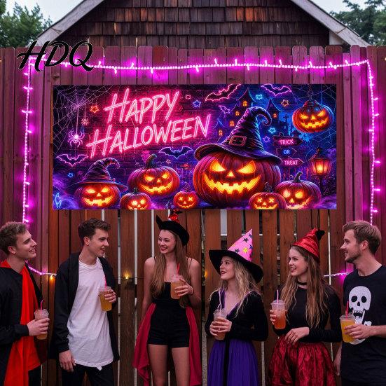 Large Spooky Holiday Banner Halloween Garage Door Banner Pumpkin Ghost Spider Web Patterns Yard Flag Polyester Festive Wall Sign for Party