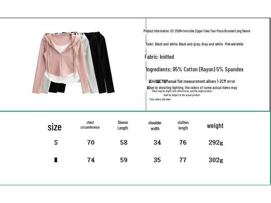Women's Spicy Girl Faux Two-Piece Slimming Long-Sleeve Half-Zip Cropped Hoodie