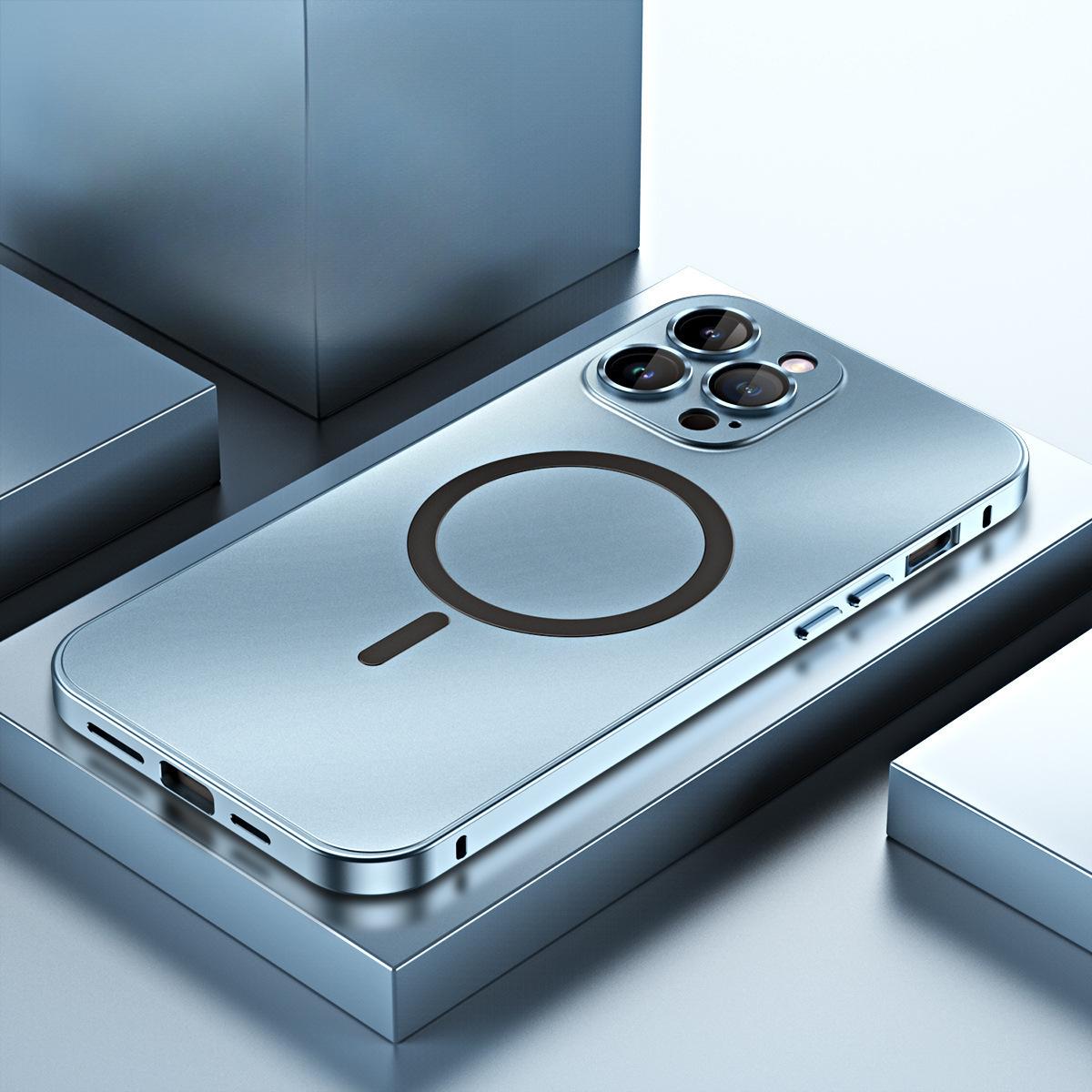 

Подходит для iPhone14 Магнитная эластичная застежка Чехол для мобильного телефона Пленка для объектива Apple 13ProM Металлическая рамка Матовая защитная крышка iPhone12promax синий