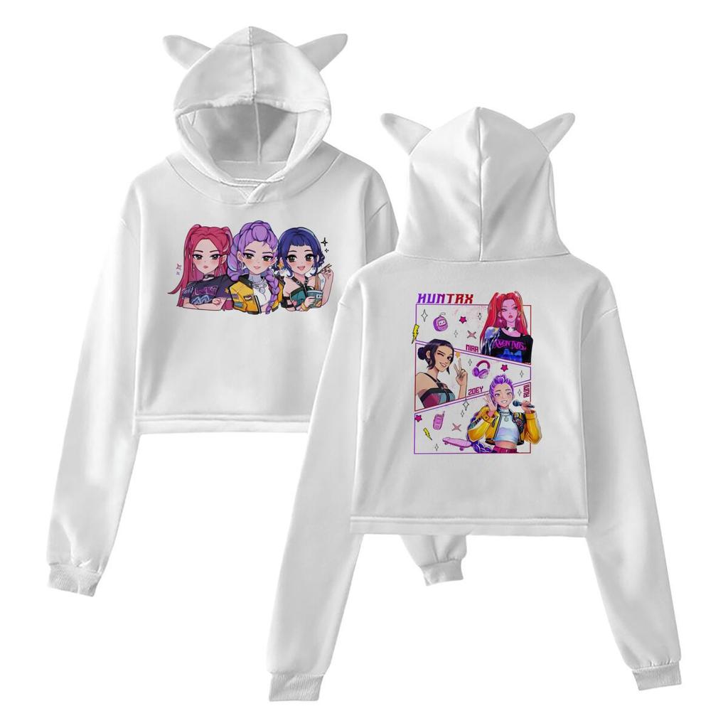 New KPop Demon Hunters Crop Tops Cat Ears Sweatshirt Long Sleeve Girls Women Fashion Hoodie