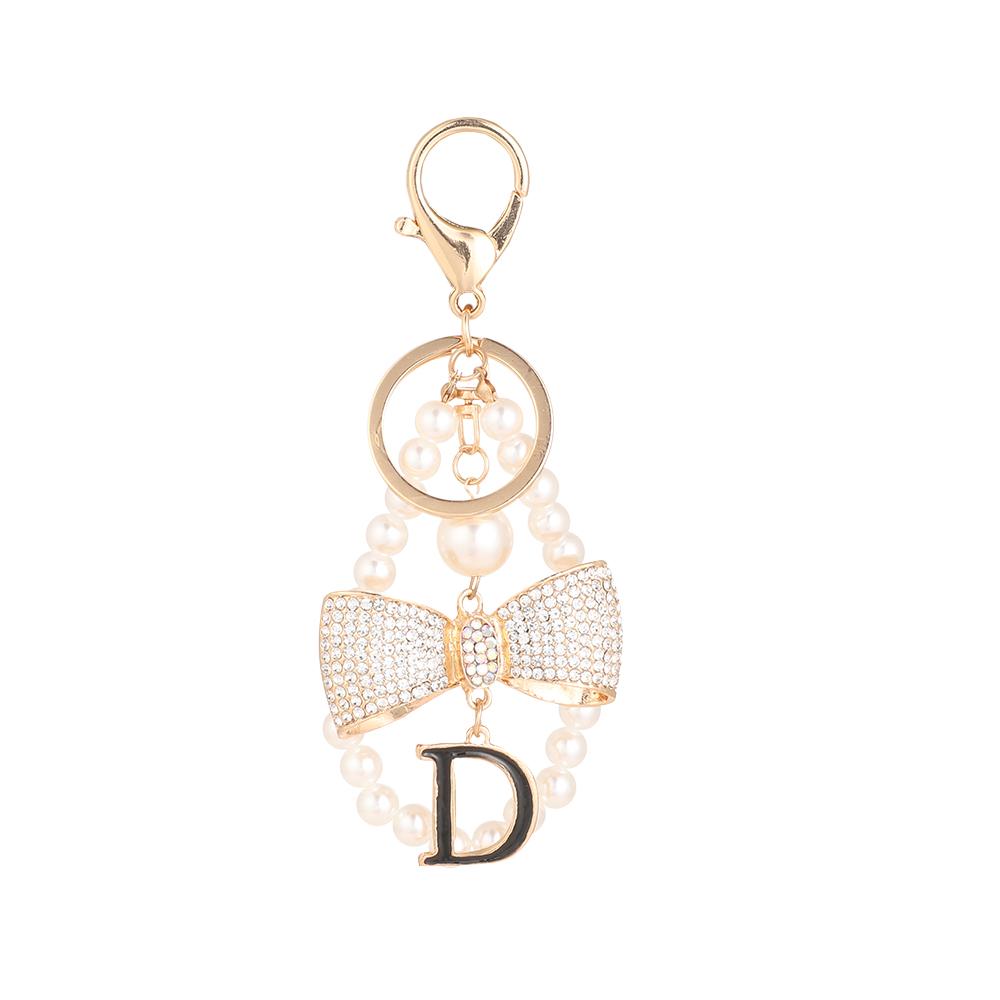 Full Crystal Inlaid Letter D Bow Pearl String Keychain Women s Luxury Bags Pendant Souvenir Gift