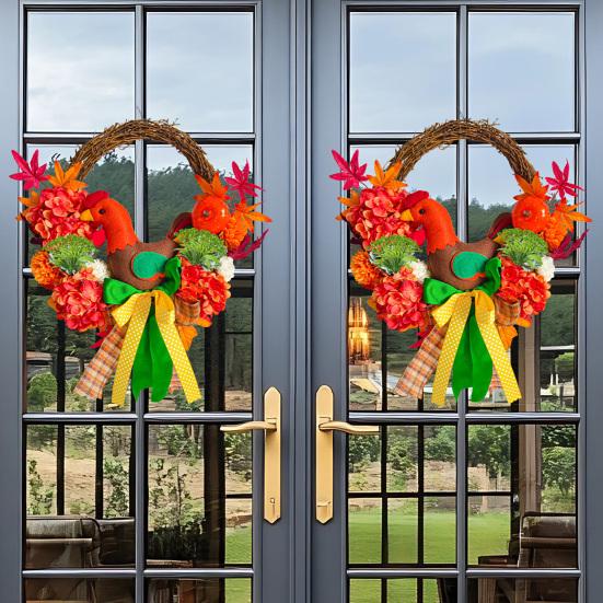 Thanksgiving Turkey Wreath for Front Door Autumn Artificial Wreath with Maple Leaves Pumpkin And Hydrangeas for Home Porch Thanksgiving Harvest Decor
