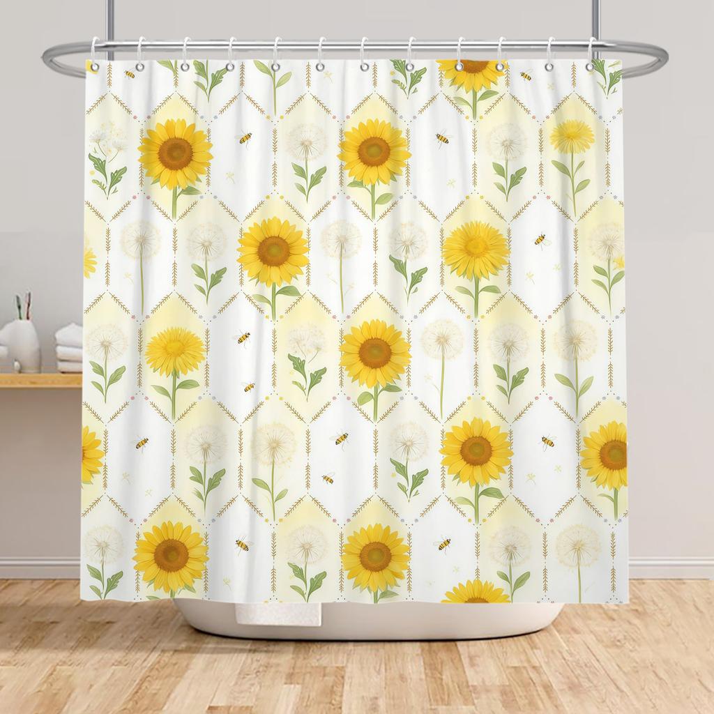 Yellow Sunflower Shower Curtain Spring Floral Bathroom Decor Hanging Curtains Fresh Floral Plant Patterns Waterproof Curtain