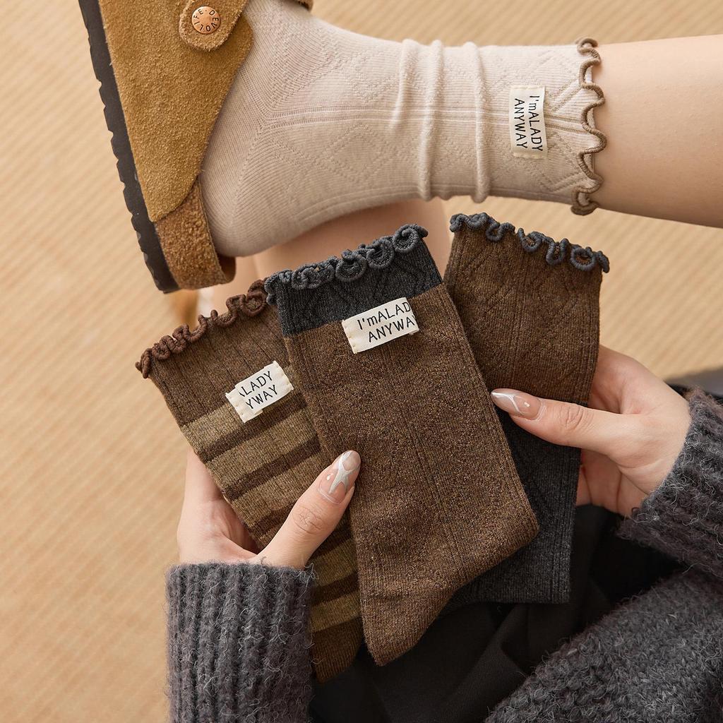 Autumn/Winter Retro Striped Mid-Calf Women's Socks - Combed Cotton with Ruffle Trim.