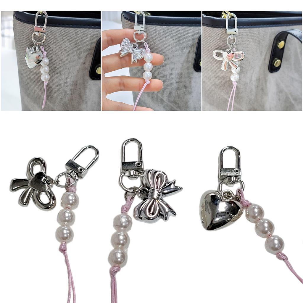 Stylish Bowknot Heart Pendant Pearl Beads Cellphone Lanyard Stylish Bag Accessory Lovely Keychain Jewelry for Girls