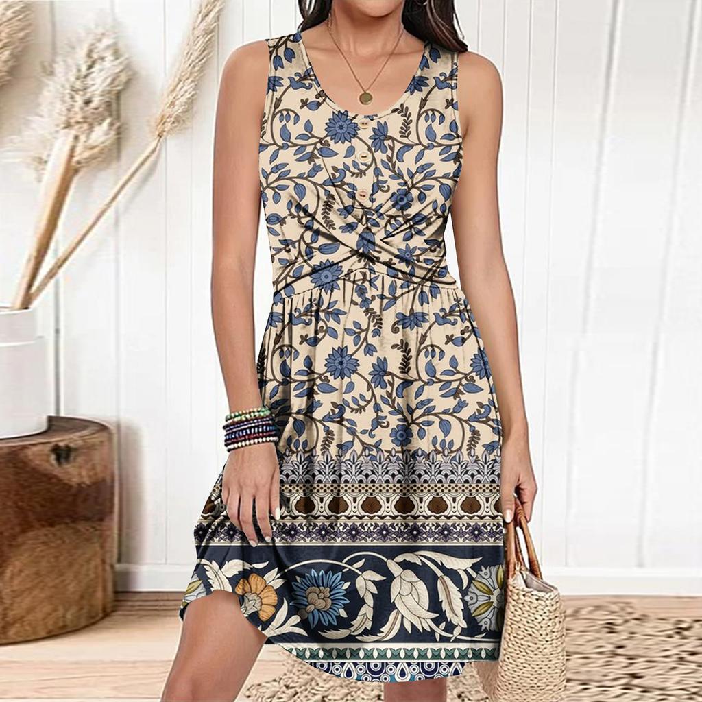 Women's Casual Fashion Dress Round Neck Sleeveless Fitted Dress