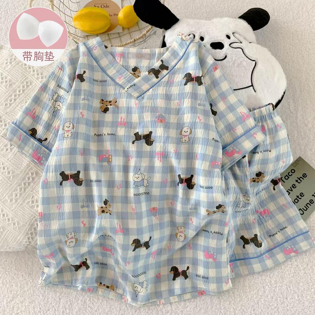 GMXIA Women's Summer Cloud Cotton Ins Cute Short-sleeved Two-piece Set with Chest Pad, Summer Thin Style
