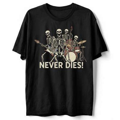 Rock And Roll Never Dies T-Shirt Skeleton Band Funny Skull Music Graphic Tee