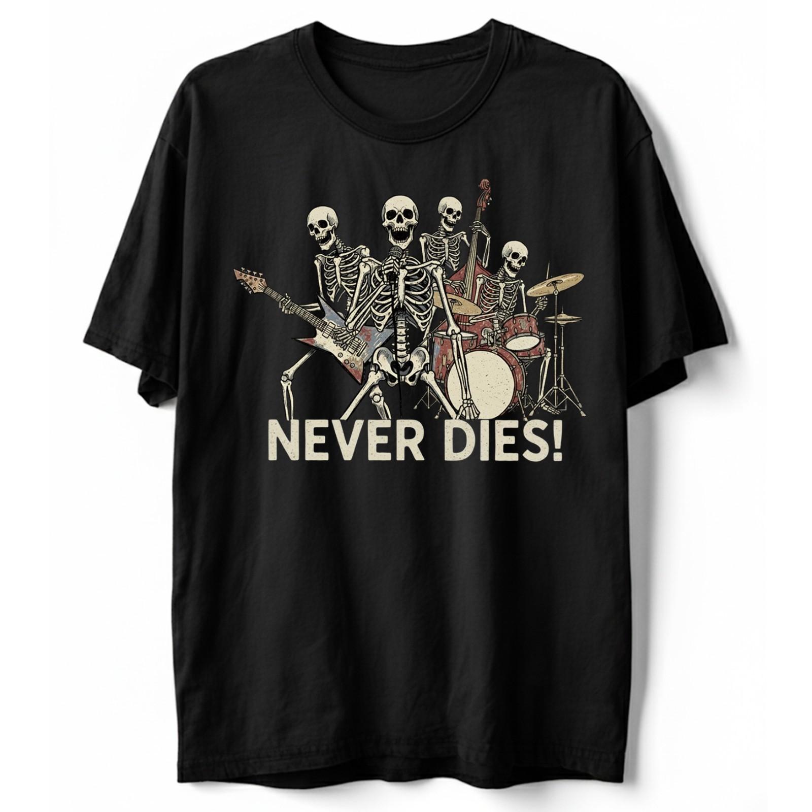Rock And Roll Never Dies T-Shirt Skeleton Band Funny Skull Music Graphic Tee S разноцветный