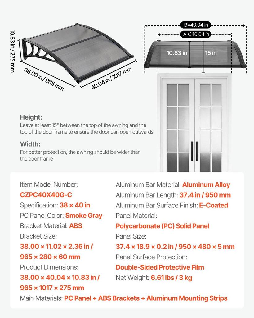 Awnings for Door Entrance, 38 X 40 In, Exterior Front Door Window Awnings with Drainage & ABS Bracket, Rain Snow Sun Protection, Overhang