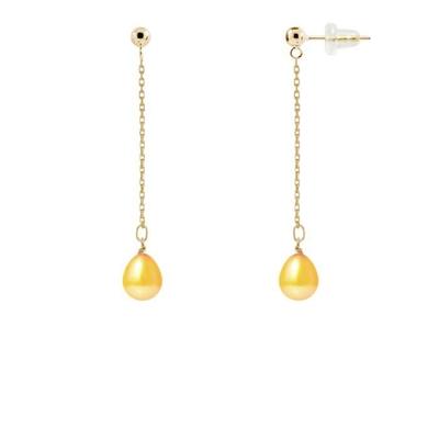 Dangling Earrings - - Genuine Freshwater Pearls 7-8 Mm - Yellow Gold - 2 Year Warranty