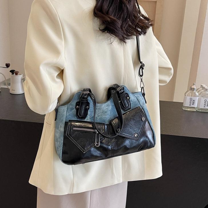 Large capacity shoulder bag, new crossbody bag, spliced women's bag, simple soft leather