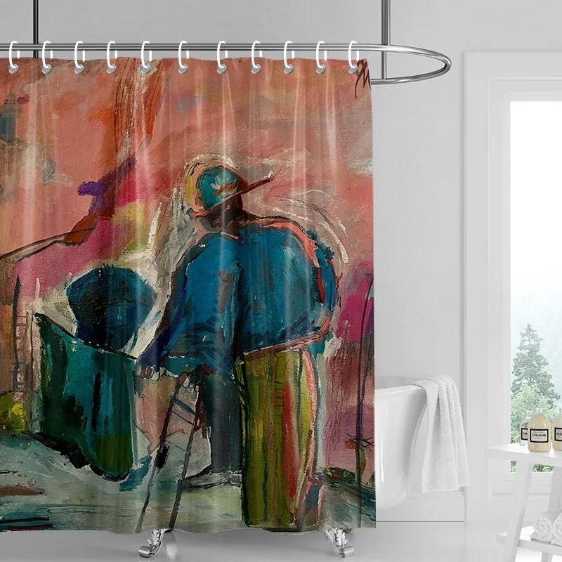 Abstracte Kunstenaar Douchegordijn - Blauw & Roze Figuur Schilderij, Waterdicht met Oogjes, Moderne Kunst Badkamer Decoratie