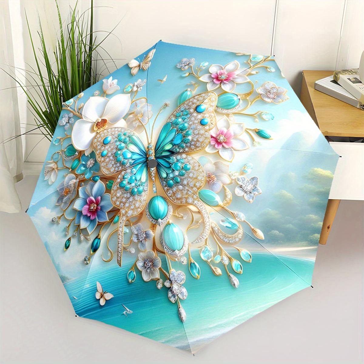 Automatic Open/Close Umbrella with Jeweled Butterfly Floral design - Elegant Blue Floral pattern, Compact Folding Umbrella for