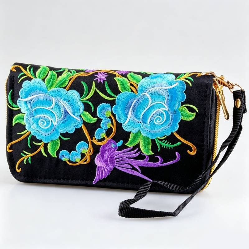 Ethnic Embroidered Purse With Zipper Closure For Women Mini Phone Wallet Organizer
