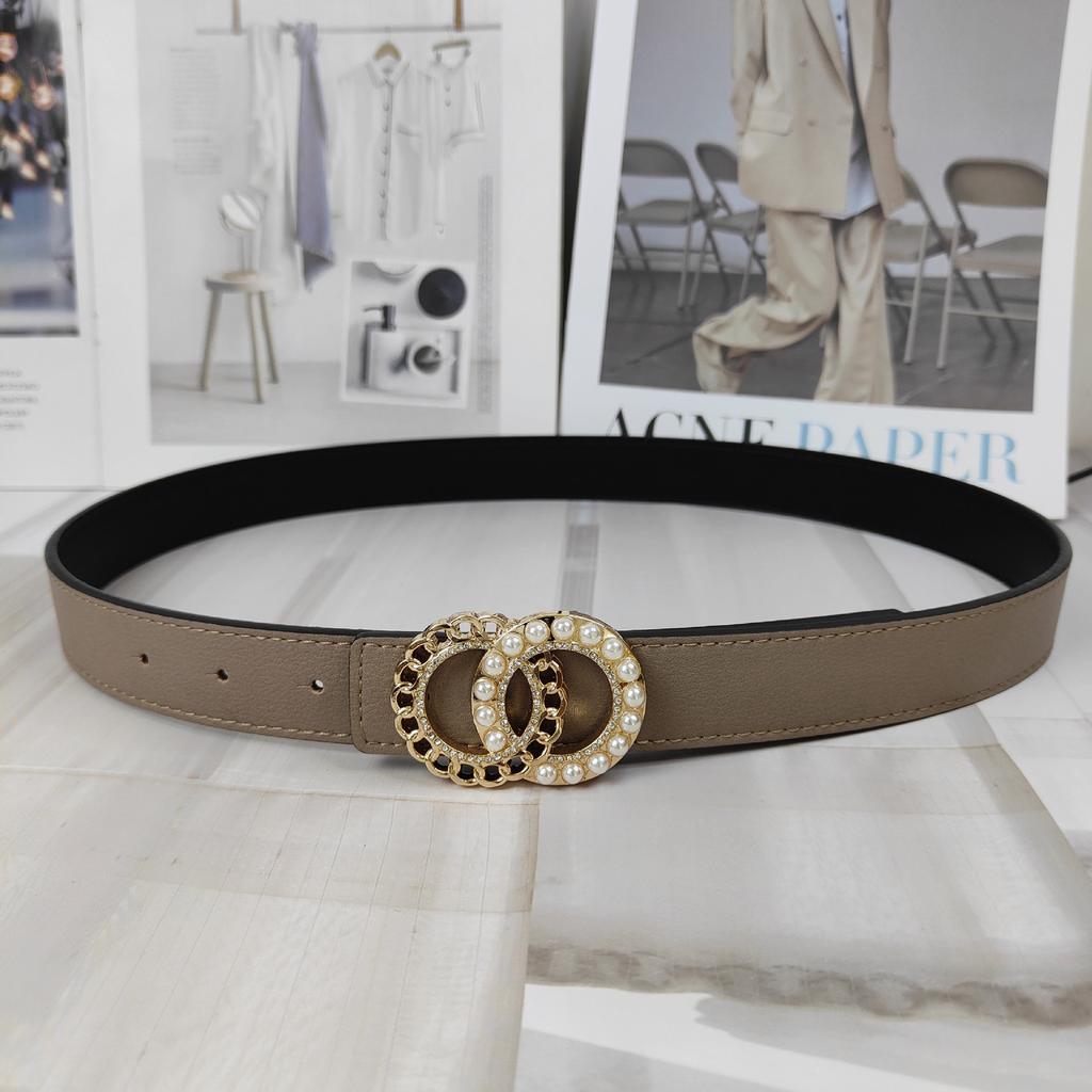 Colored Lychee Pattern Cowhide Belt Women'S Double Circle Pearl Smooth Buckle Simple Dress Belt